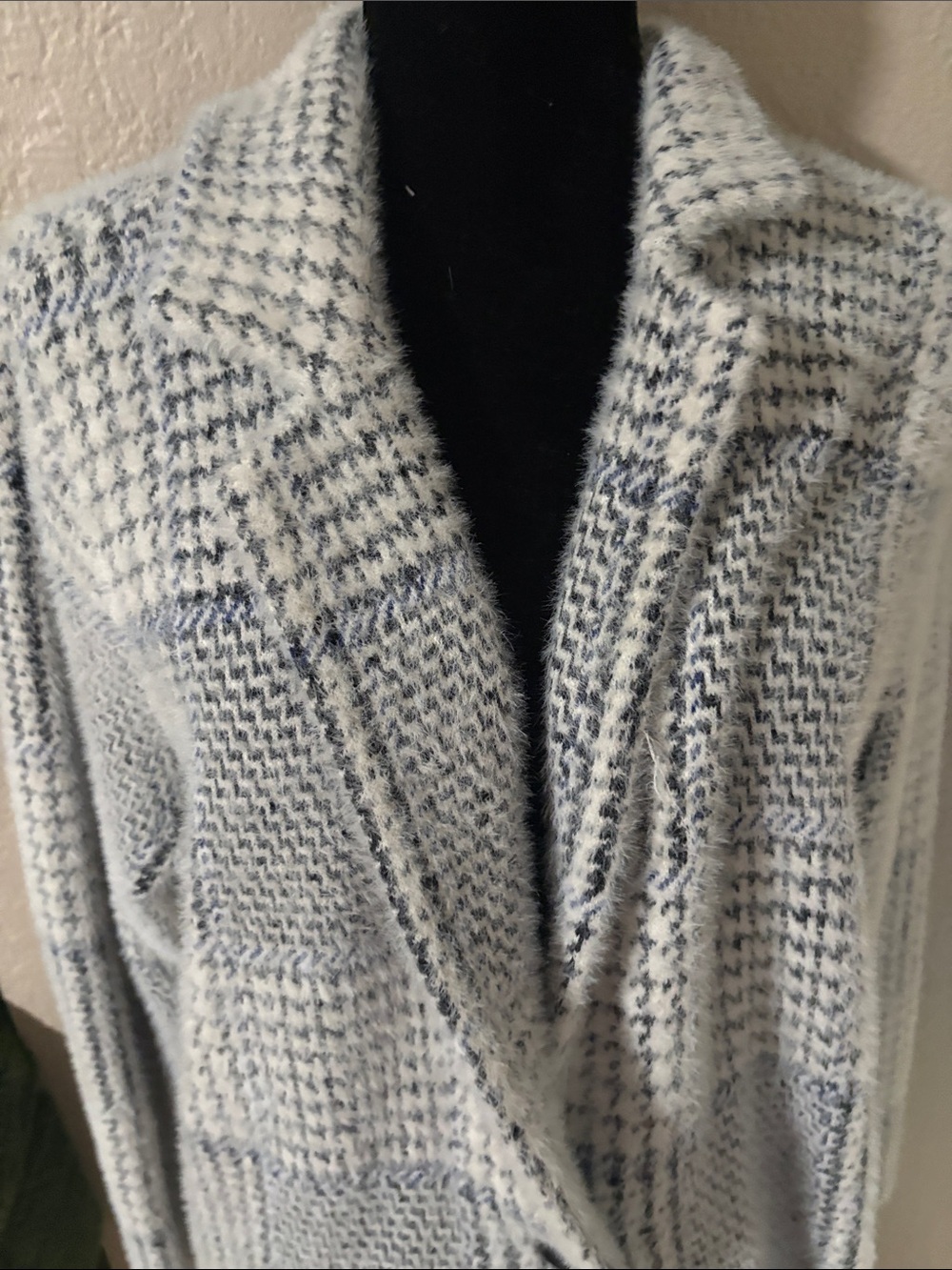 Cozy Oversized Ivory and Light Blue Plaid Women's Sweater Coat - Picture 2 of 5